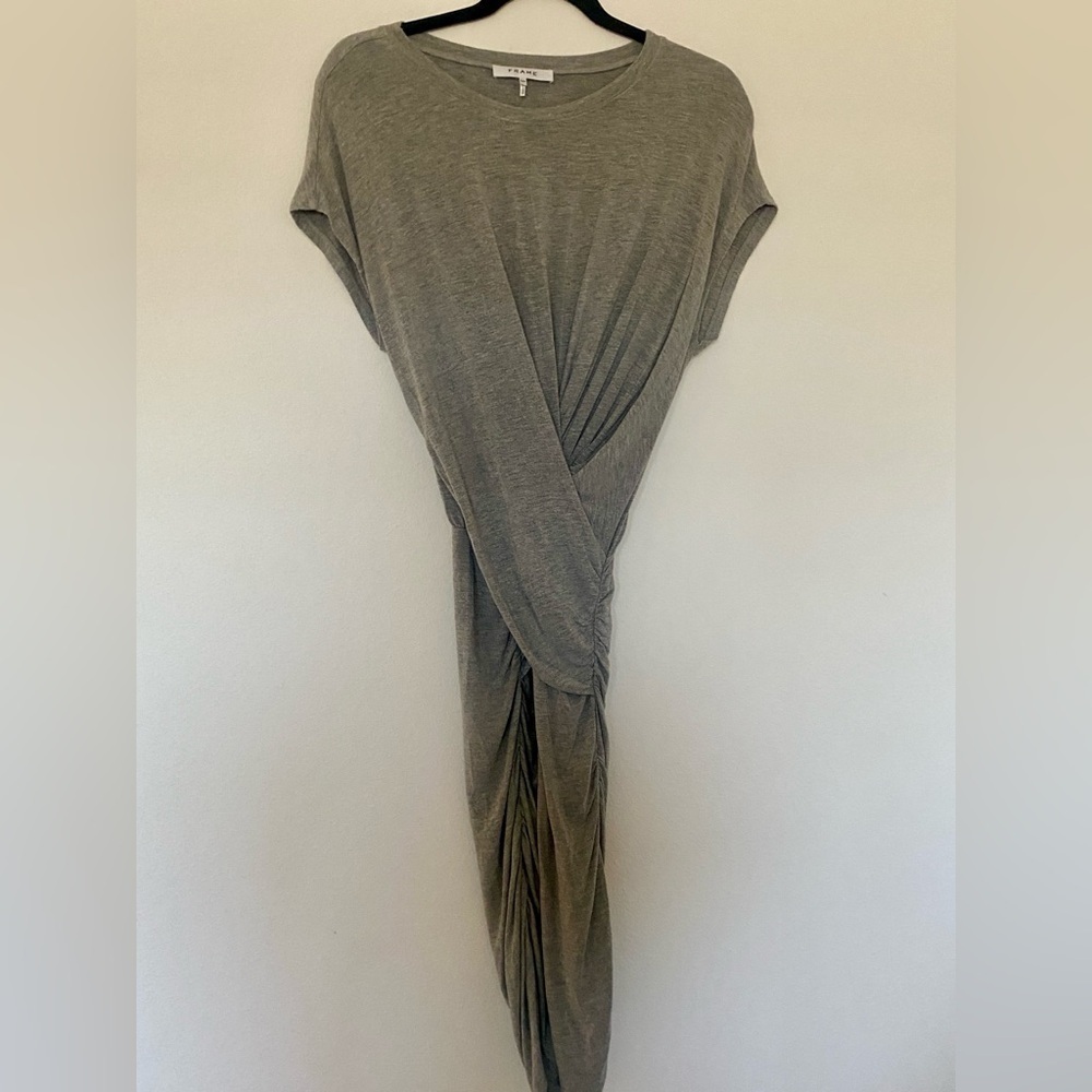 Frame Shirred Muscle Tee Shirt Dress Gris Heather Ruched Midi Stretchy Y2K Style - Picture 3 of 8